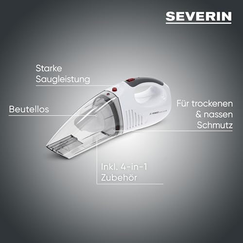 SEVERIN 3-in-1 Akku Handstaubsauger S'POWER home & car, kabelloser Nass- & Trockensauger mit 7,4V Li-Ionen Akku, Autostaubsauger inkl. 12V-Ladekabel, weiß/rot, HV 7144