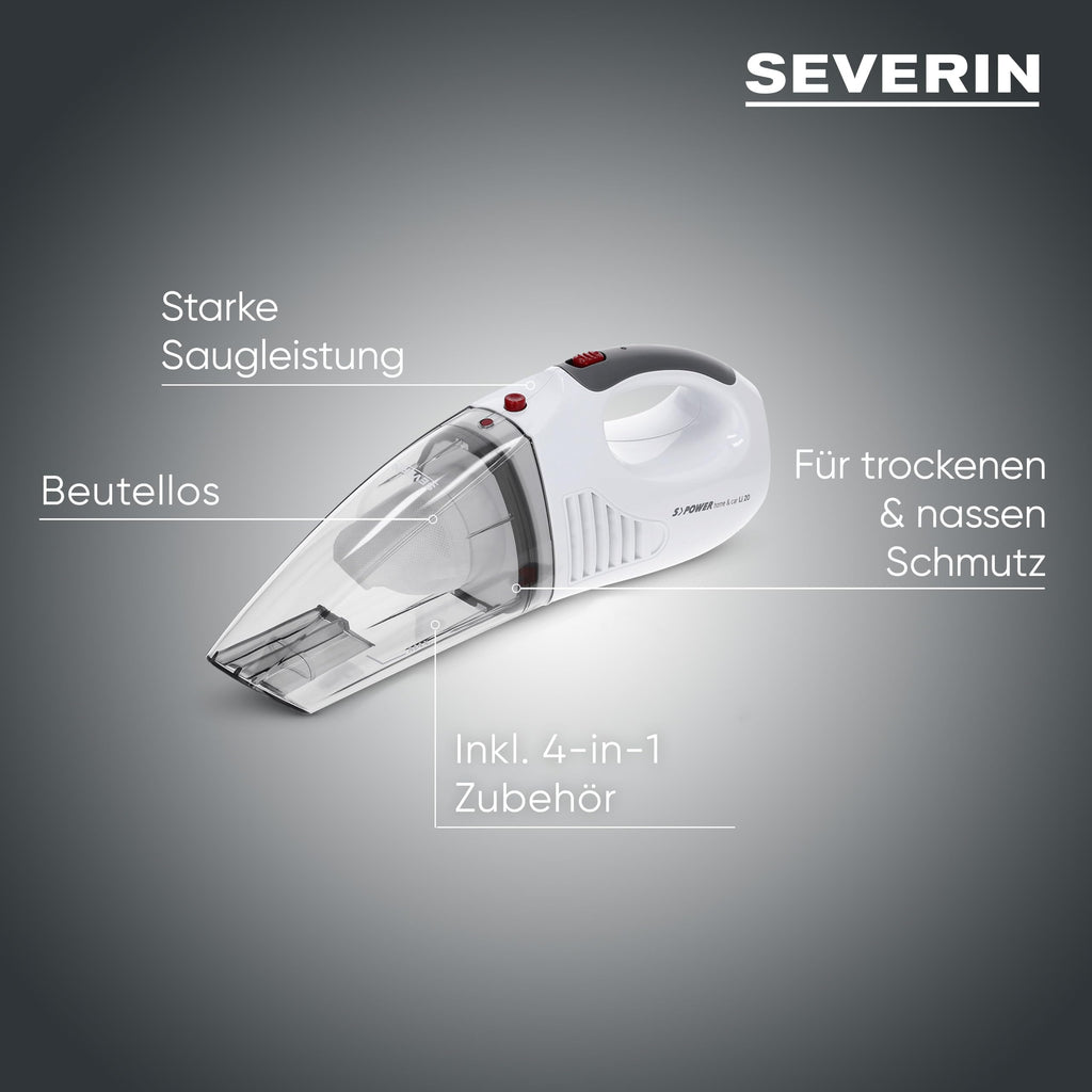 SEVERIN 3-in-1 Akku Handstaubsauger S'POWER home & car, kabelloser Nass- & Trockensauger mit 7,4V Li-Ionen Akku, Autostaubsauger inkl. 12V-Ladekabel, weiß/rot, HV 7144