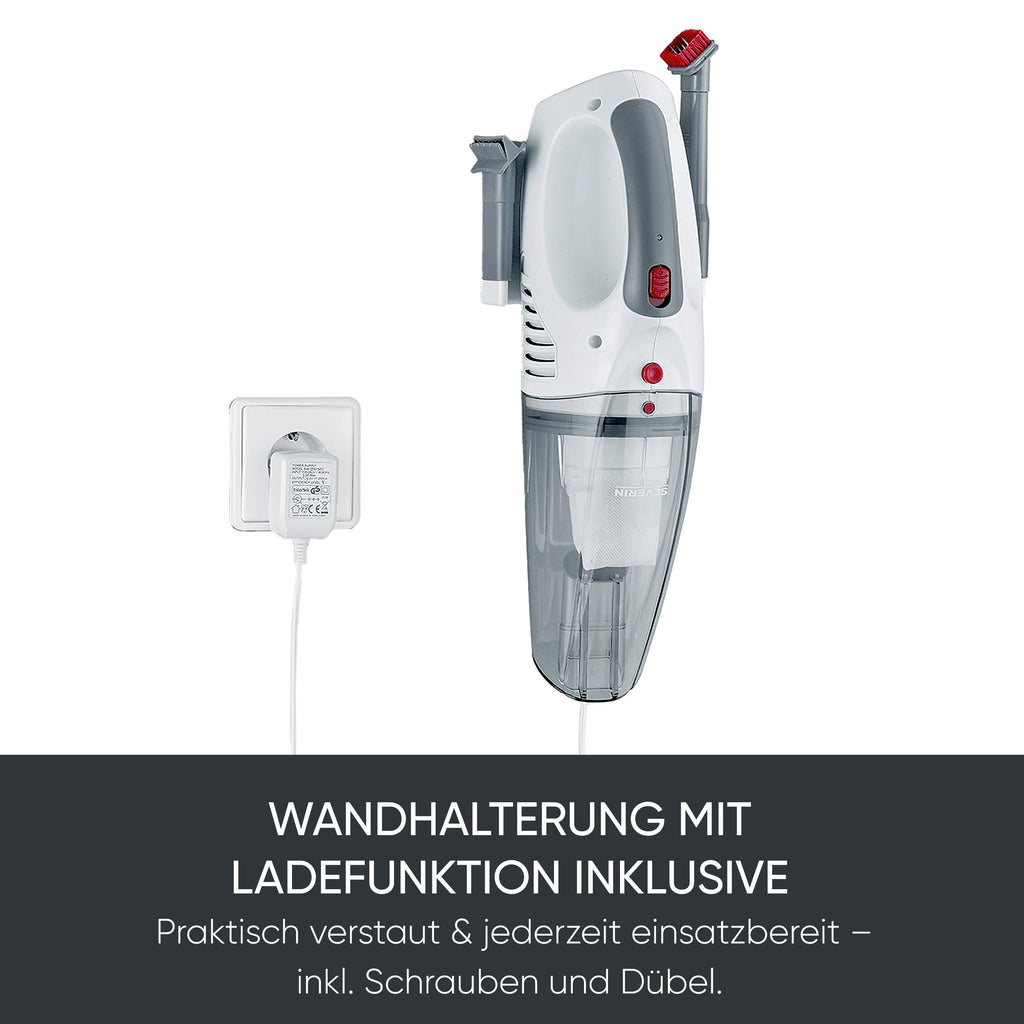 SEVERIN 3-in-1 Akku Handstaubsauger S'POWER home & car, kabelloser Nass- & Trockensauger mit 7,4V Li-Ionen Akku, Autostaubsauger inkl. 12V-Ladekabel, weiß/rot, HV 7144