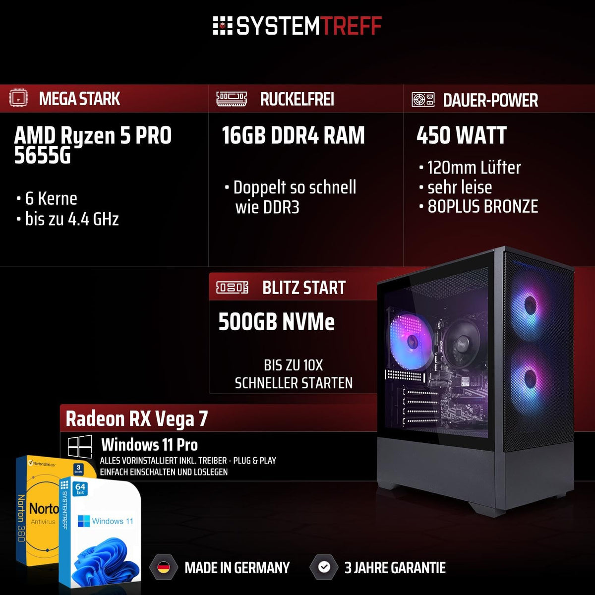 SYSTEMTREFF Basic Gaming PC - AMD Ryzen 5 PRO 5655G - 16GB RAM - 500GB M.2