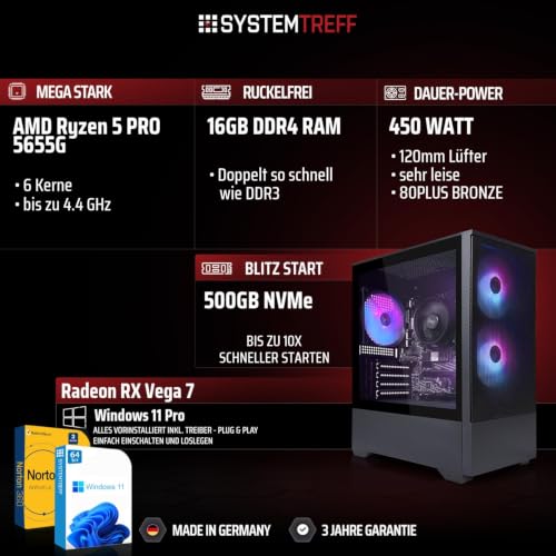 SYSTEMTREFF Basic Gaming PC - AMD Ryzen 5 PRO 5655G - 16GB RAM - 500GB M.2
