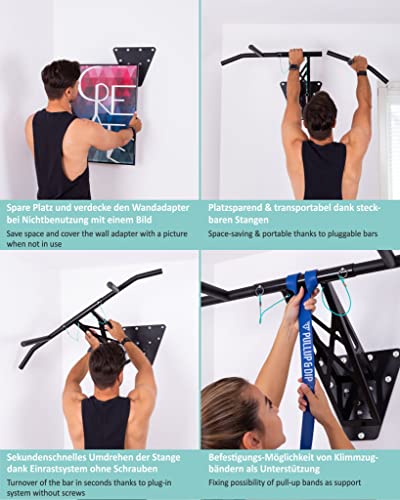 PULLUP & DIP Premium Klimmzugstange und Dip Stange, Mobil für Wand und Befestigung an Baum & Pfosten, für zu Hause + Outdoor im Garten, Hochwertige Qualität, Über 35 Übungen