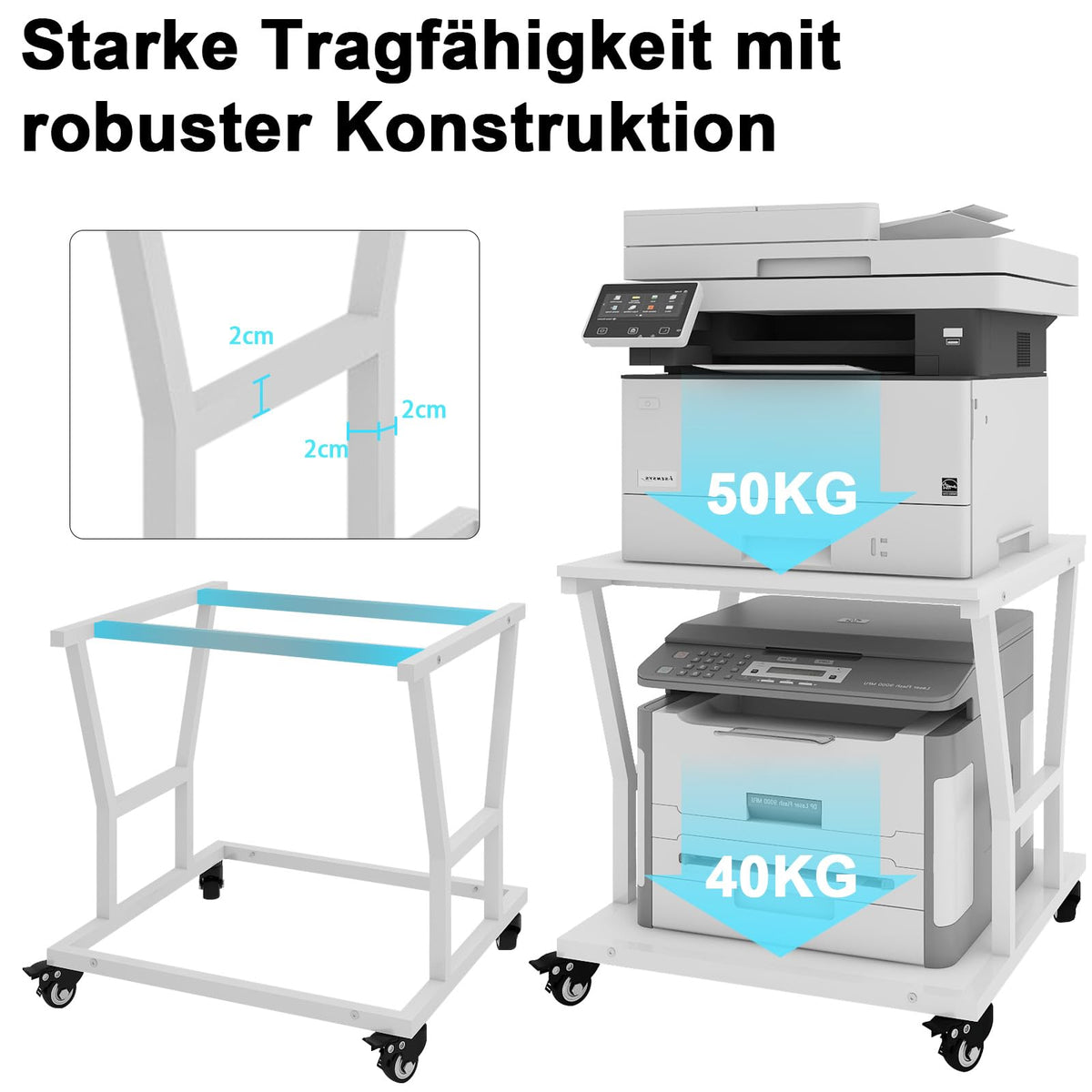 PUNCIA 2-Ebenen Druckerständer Druckertisch mit Rollen 50 x 50 cm