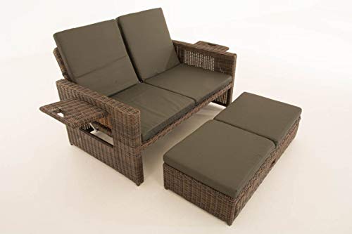 CLP Polyrattan 2er-Loungesofa Ancona 5mm, Rundrattan Garten-Sofa, ausziehbares Fußteil, Verstellbare Rückenlehne | Farbe braun-meliert Polsterfarbe Anthrazit