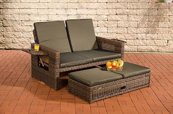 CLP Polyrattan 2er-Loungesofa Ancona 5mm, Rundrattan Garten-Sofa, ausziehbares Fußteil, Verstellbare Rückenlehne | Farbe braun-meliert Polsterfarbe Anthrazit