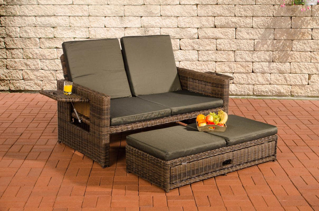 CLP Polyrattan 2er-Loungesofa Ancona 5mm, Rundrattan Garten-Sofa, ausziehbares Fußteil, Verstellbare Rückenlehne | Farbe braun-meliert Polsterfarbe Anthrazit