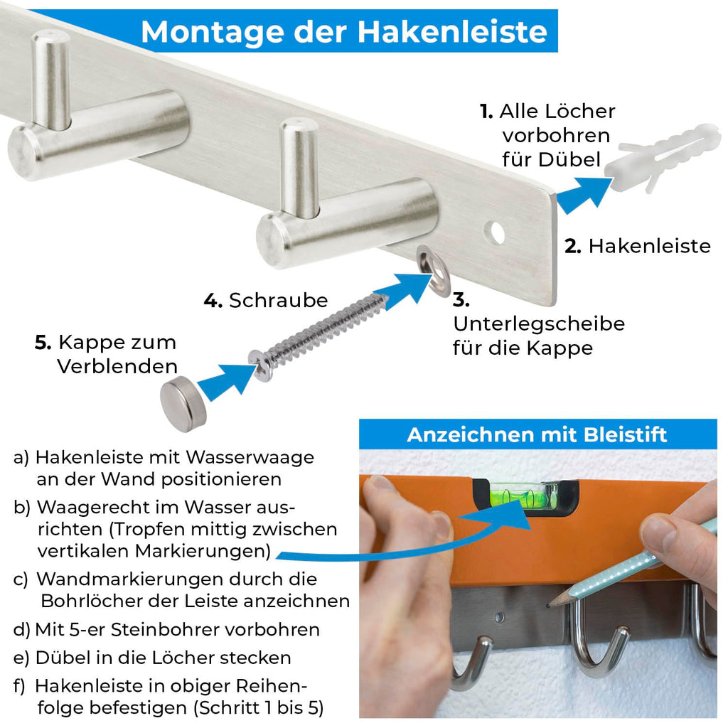 Stahlia Hakenleiste EDELSTAHL gebürstet Garderobenleiste 8x Haken (L: 615mm) Modell:JULIA Wandgarderobe mit 1/4/6/8/10 Kleiderhaken Garderobenhaken Wandhaken