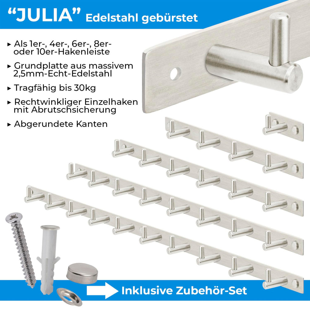 Stahlia Hakenleiste EDELSTAHL gebürstet Garderobenleiste 8x Haken (L: 615mm) Modell:JULIA Wandgarderobe mit 1/4/6/8/10 Kleiderhaken Garderobenhaken Wandhaken