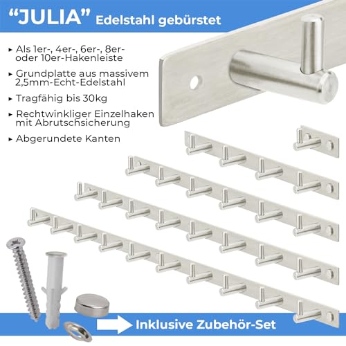 Stahlia Hakenleiste EDELSTAHL gebürstet Garderobenleiste 8x Haken (L: 615mm) Modell:JULIA Wandgarderobe mit 1/4/6/8/10 Kleiderhaken Garderobenhaken Wandhaken