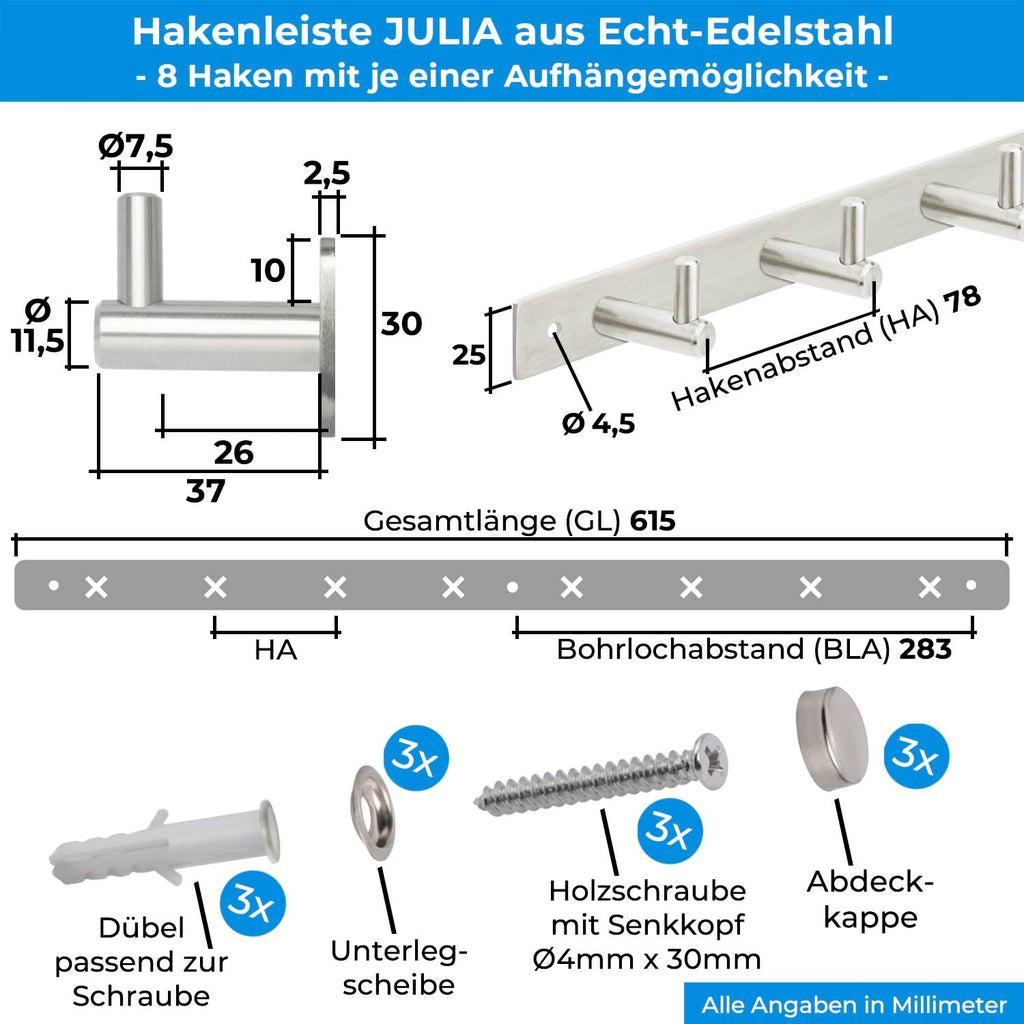 Stahlia Hakenleiste EDELSTAHL gebürstet Garderobenleiste 8x Haken (L: 615mm) Modell:JULIA Wandgarderobe mit 1/4/6/8/10 Kleiderhaken Garderobenhaken Wandhaken
