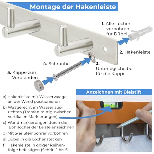 Stahlia Hakenleiste EDELSTAHL gebürstet Garderobenleiste 8x Haken (L: 615mm) Modell:JULIA Wandgarderobe mit 1/4/6/8/10 Kleiderhaken Garderobenhaken Wandhaken