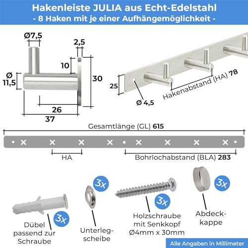 Stahlia Hakenleiste EDELSTAHL gebürstet Garderobenleiste 8x Haken (L: 615mm) Modell:JULIA Wandgarderobe mit 1/4/6/8/10 Kleiderhaken Garderobenhaken Wandhaken