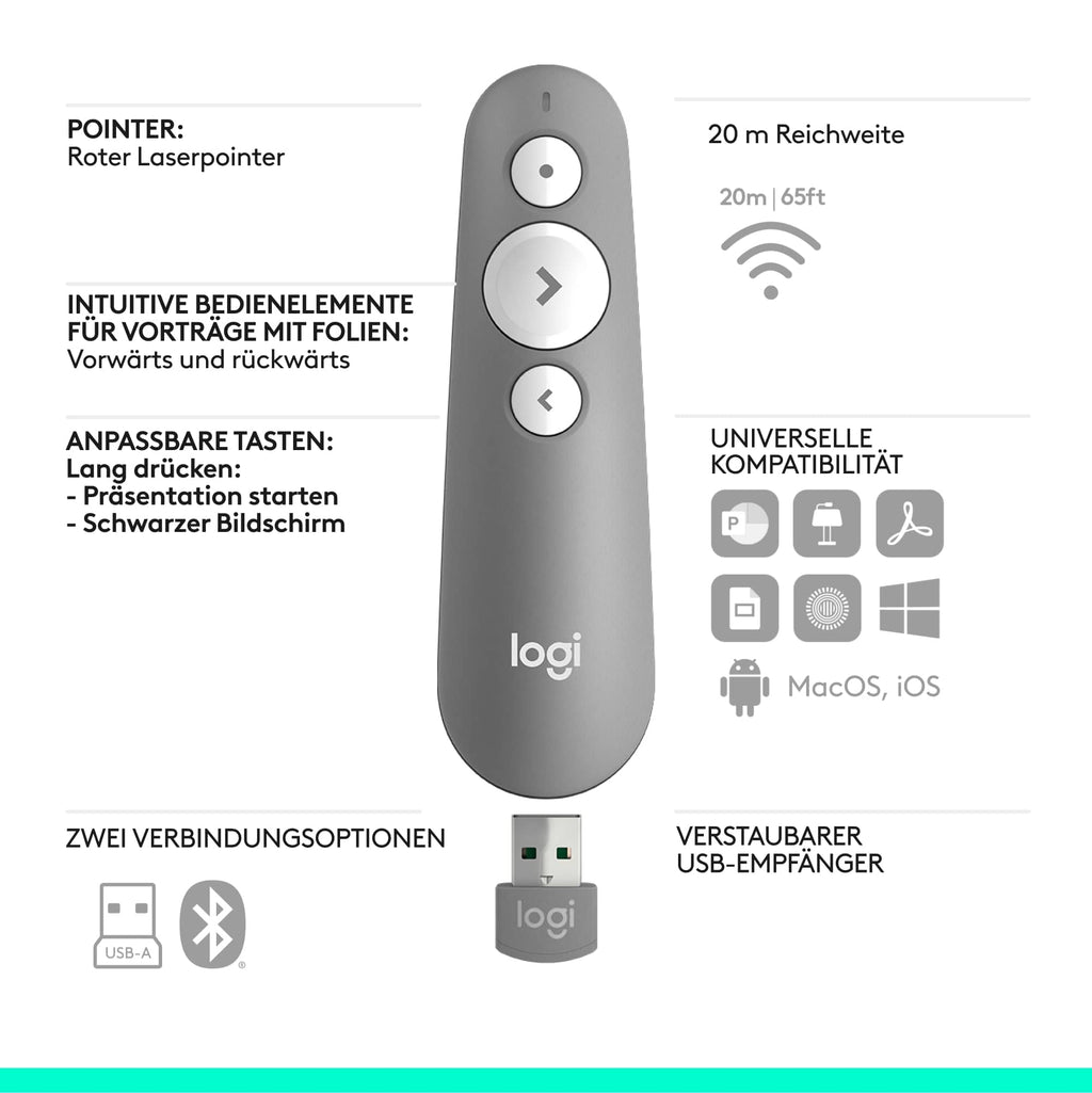 Logitech R500s Presenter mit Laser Klasse 1 für Bluetooth und USB