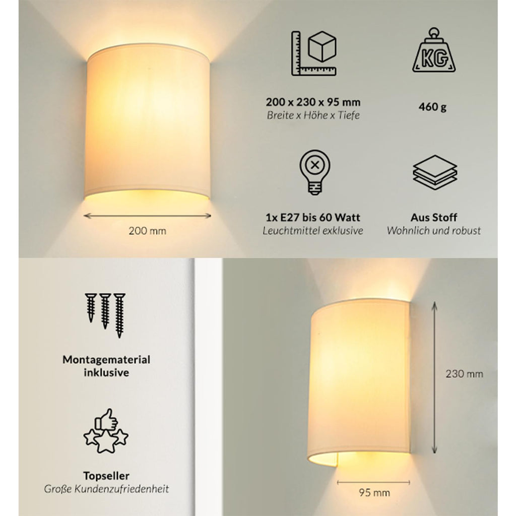 Licht-Erlebnisse Wandleuchte Weiß Creme, Stoff Lampenschirm, Wandlampe E27, H:23 cm, Up Down Leuchte, blendarm, gemütlich, Wohnzimmer, Wandlampe Schlafzimmer