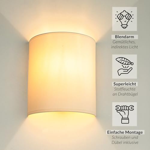 Licht-Erlebnisse Wandleuchte Weiß Creme, Stoff Lampenschirm, Wandlampe E27, H:23 cm, Up Down Leuchte, blendarm, gemütlich, Wohnzimmer, Wandlampe Schlafzimmer