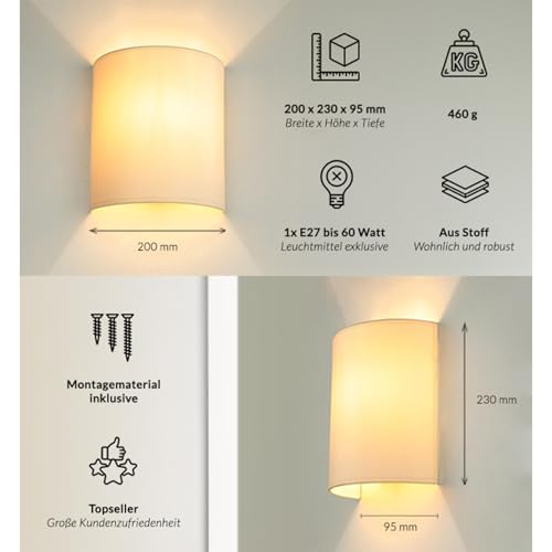 Licht-Erlebnisse Wandleuchte Weiß Creme, Stoff Lampenschirm, Wandlampe E27, H:23 cm, Up Down Leuchte, blendarm, gemütlich, Wohnzimmer, Wandlampe Schlafzimmer