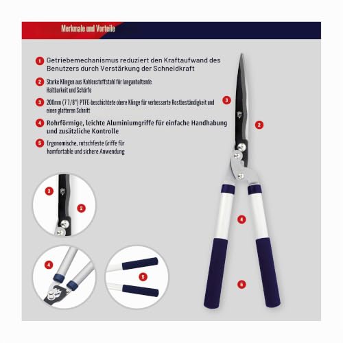 Spear & Jackson 8170RS Razorsharp Getriebe-Heckenschere – Einfaches Schneiden von Hecken & Sträuchern, 200 mm PTFE-beschichtete Kohlenstoffstahlklingen, Getriebeantrieb, Aluminiumgriffe mit Softgriff
