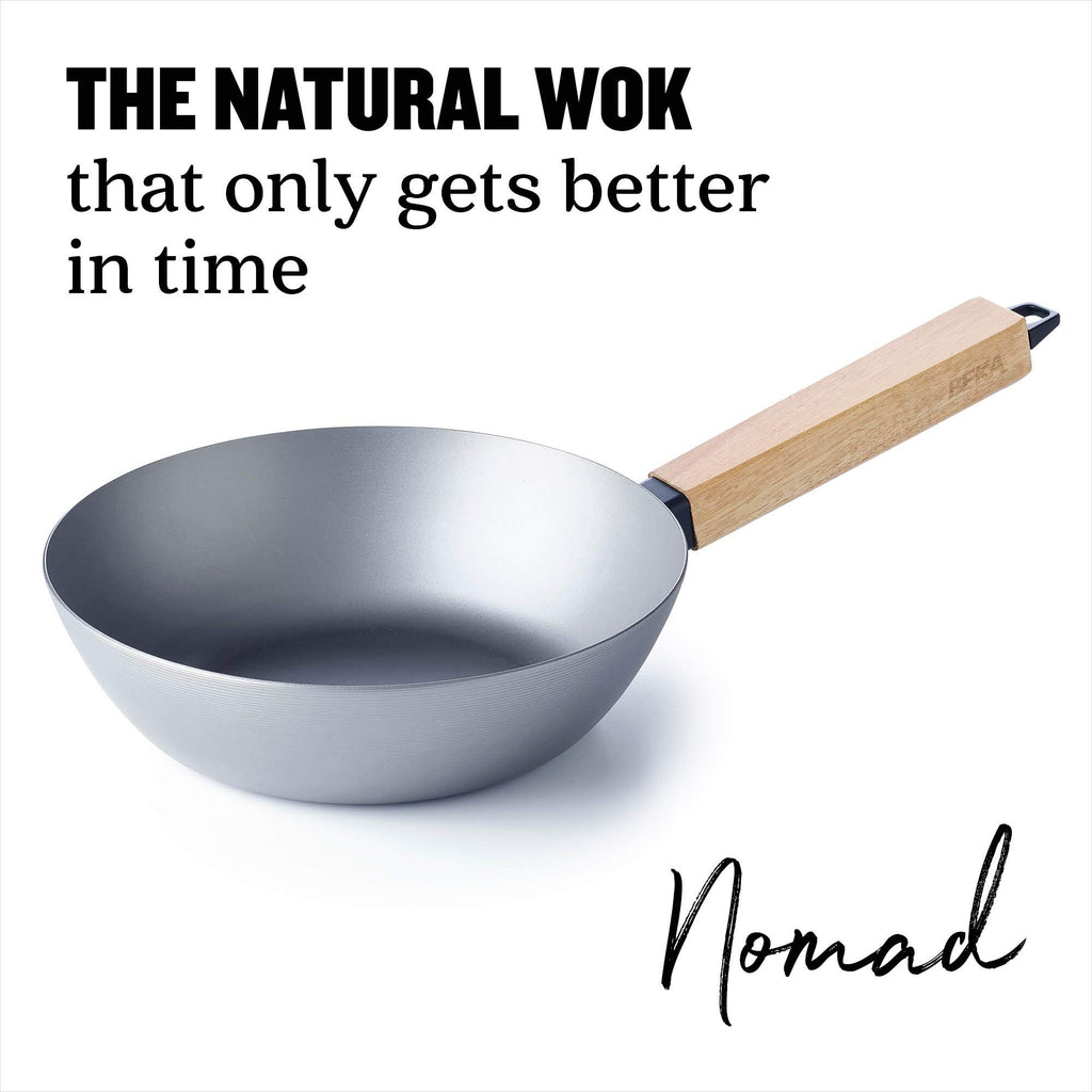 BEKA Carbonstahl Wokpfanne Induktion und Barbecue, mit hitzeabweisendem Griff aus Holz, ohne Deckel, 20cm, Bodendurchmesser 11,8cm, natürlich beschichtet, Nomad Kollektion