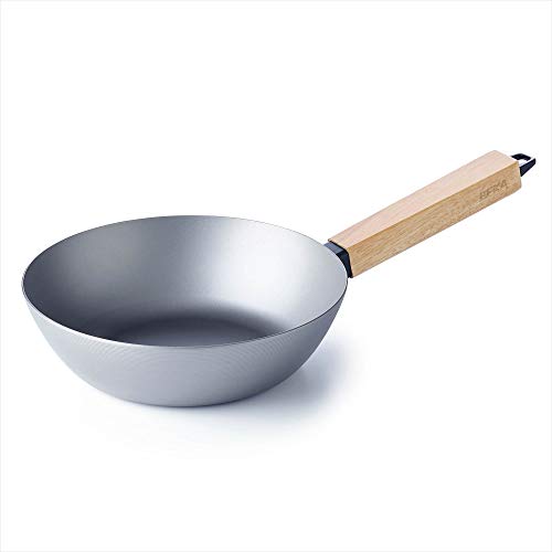 BEKA Carbonstahl Wokpfanne Induktion und Barbecue, mit hitzeabweisendem Griff aus Holz, ohne Deckel, 20cm, Bodendurchmesser 11,8cm, natürlich beschichtet, Nomad Kollektion
