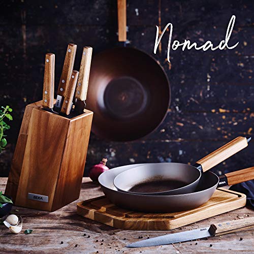 BEKA Carbonstahl Wokpfanne Induktion und Barbecue, mit hitzeabweisendem Griff aus Holz, ohne Deckel, 20cm, Bodendurchmesser 11,8cm, natürlich beschichtet, Nomad Kollektion