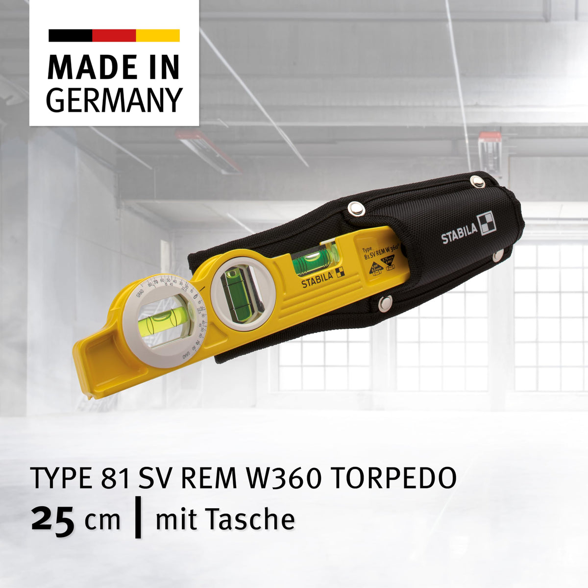 STABILA Magnet-Wasserwaage Type 81 SV REM W360 Torpedo mit Tasche, 25 cm, Alu-Gussprofil, Seltenerd-Magnetsystem, 1 Sechsring-Horizontal-/ 1 Vertikal-/ 1 Winkel-Libelle, Made in Germany