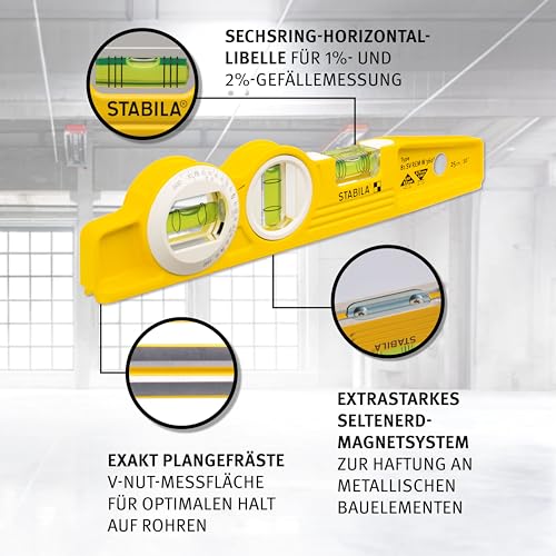 STABILA Magnet-Wasserwaage Type 81 SV REM W360 Torpedo mit Tasche, 25 cm, Alu-Gussprofil, Seltenerd-Magnetsystem, 1 Sechsring-Horizontal-/ 1 Vertikal-/ 1 Winkel-Libelle, Made in Germany