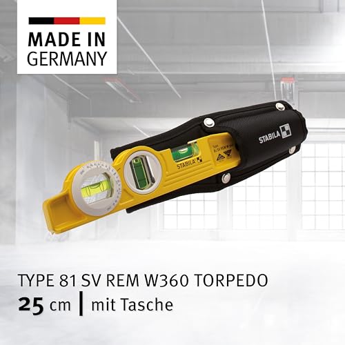 STABILA Magnet-Wasserwaage Type 81 SV REM W360 Torpedo mit Tasche, 25 cm, Alu-Gussprofil, Seltenerd-Magnetsystem, 1 Sechsring-Horizontal-/ 1 Vertikal-/ 1 Winkel-Libelle, Made in Germany