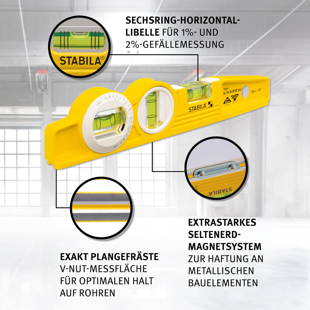 STABILA Magnet-Wasserwaage Type 81 SV REM W360 Torpedo mit Tasche, 25 cm, Alu-Gussprofil, Seltenerd-Magnetsystem, 1 Sechsring-Horizontal-/ 1 Vertikal-/ 1 Winkel-Libelle, Made in Germany
