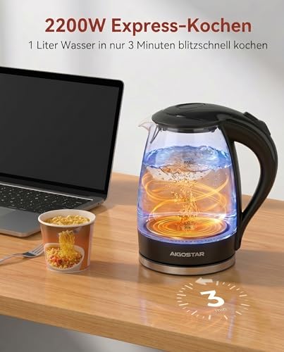 Aigostar Adam Wasserkocher Glas 1,7L, BPA-frei, Verdicktes Borosilikatglas