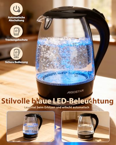 Aigostar Adam Wasserkocher Glas 1,7L, BPA-frei, Verdicktes Borosilikatglas