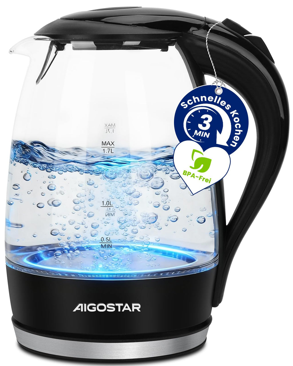 Aigostar Adam Wasserkocher Glas 1,7L, BPA-frei, Verdicktes Borosilikatglas