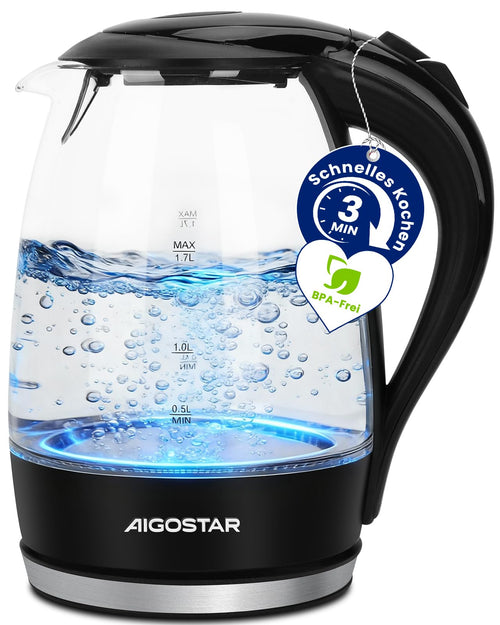 Aigostar Adam Wasserkocher Glas 1,7L, BPA-frei, Verdicktes Borosilikatglas
