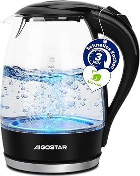Aigostar Adam Wasserkocher Glas 1,7L, BPA-frei, Verdicktes Borosilikatglas