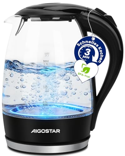 Aigostar Adam Wasserkocher Glas 1,7L, BPA-frei, Verdicktes Borosilikatglas