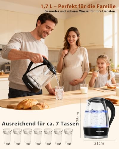 Aigostar Adam Wasserkocher Glas 1,7L, BPA-frei, Verdicktes Borosilikatglas