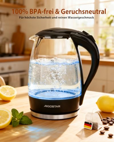Aigostar Adam Wasserkocher Glas 1,7L, BPA-frei, Verdicktes Borosilikatglas