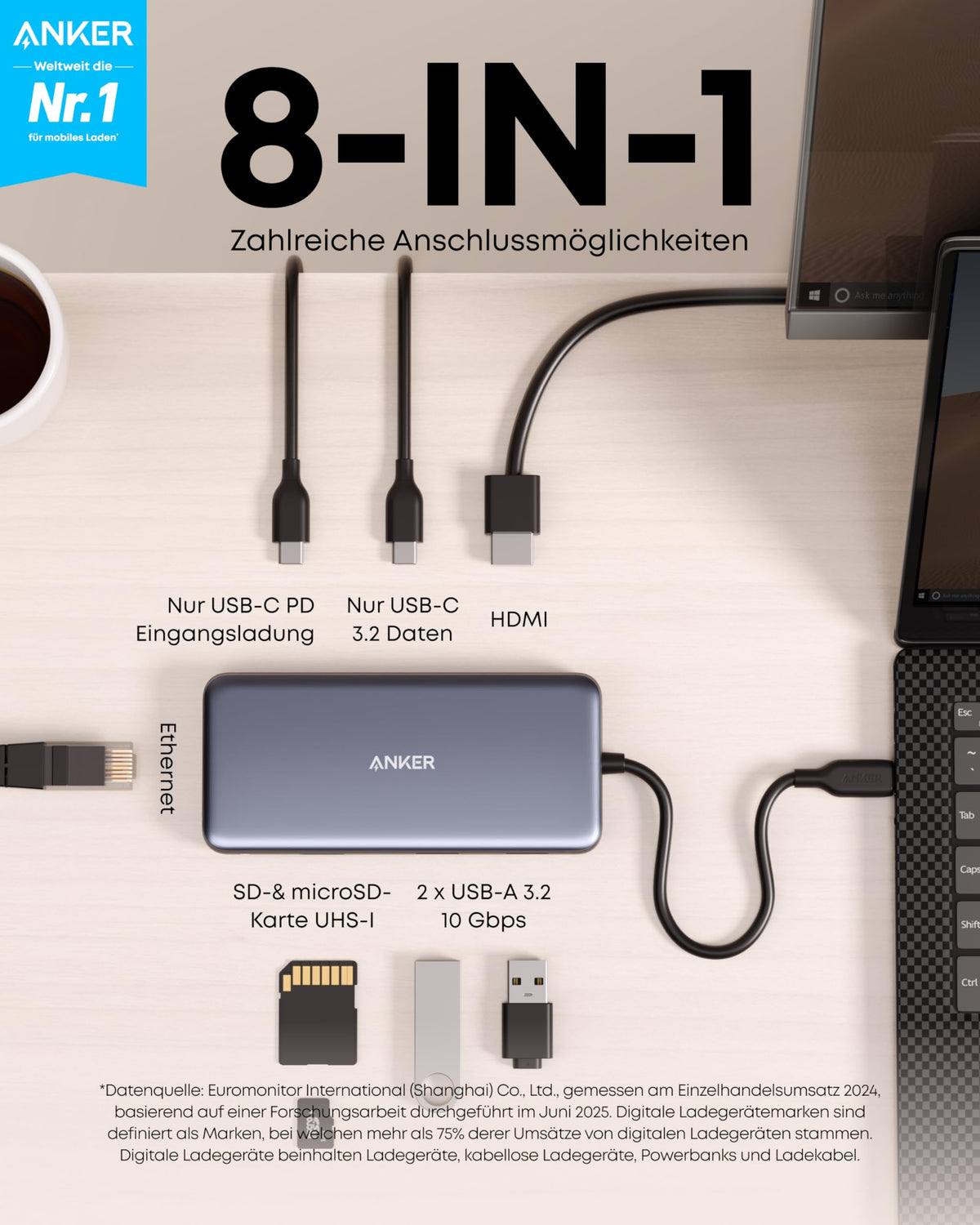 Anker 555 USB-C Docking Hub (8-in-1) PowerExpand Adapter, 4K 60Hz HDMI