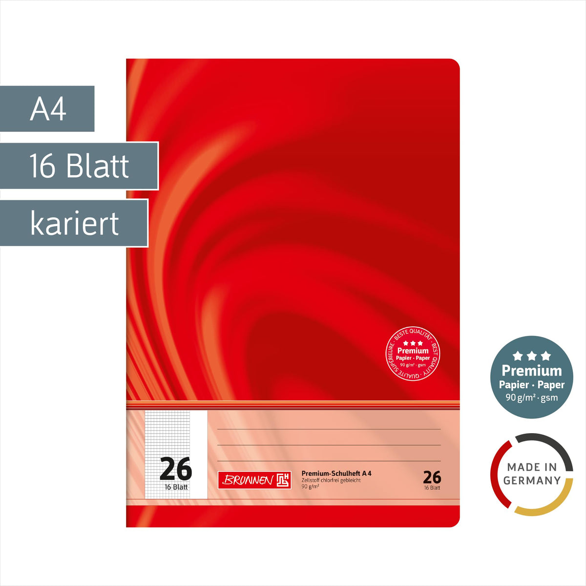 BRUNNEN 104472602 Premium-Schulheft DIN A4, 16 Blatt, einfaches Heft
