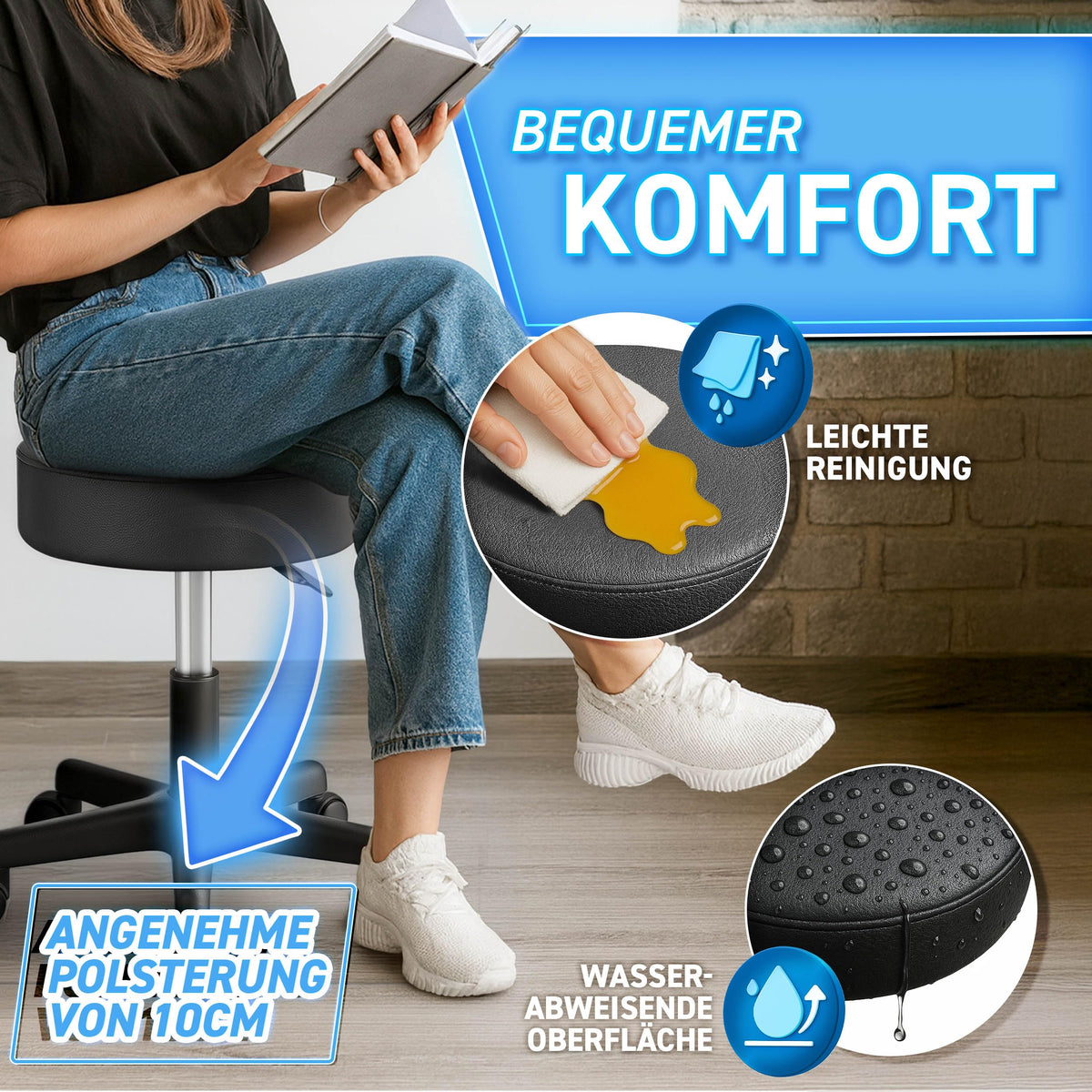 TRESKO® Rollhocker höhenverstellbar 10 cm Dicke Polsterung bis 150 kg