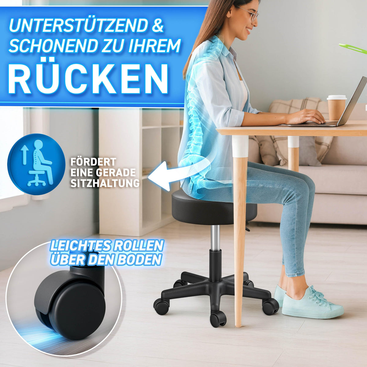 TRESKO® Rollhocker höhenverstellbar 10 cm Dicke Polsterung bis 150 kg