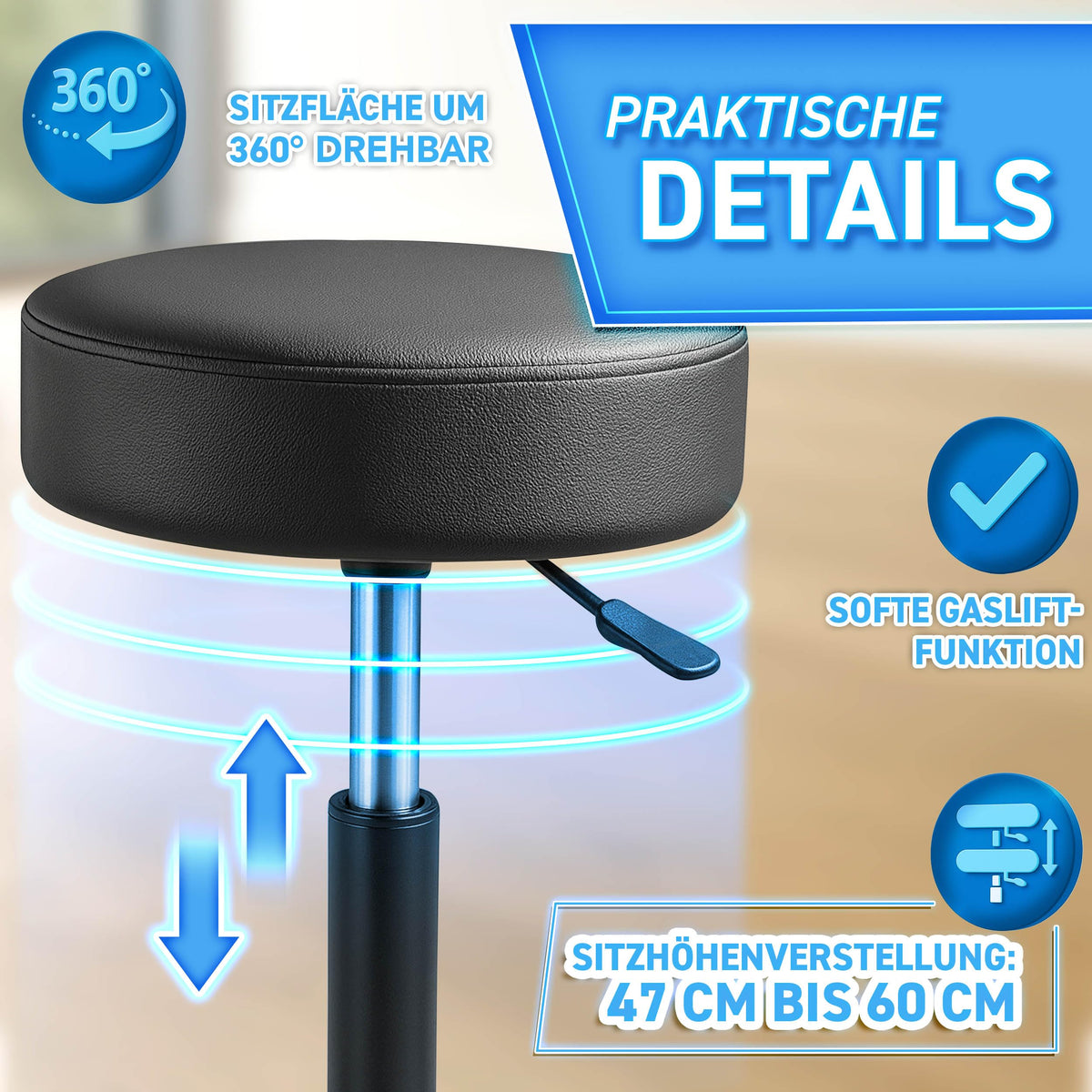 TRESKO® Rollhocker höhenverstellbar 10 cm Dicke Polsterung bis 150 kg