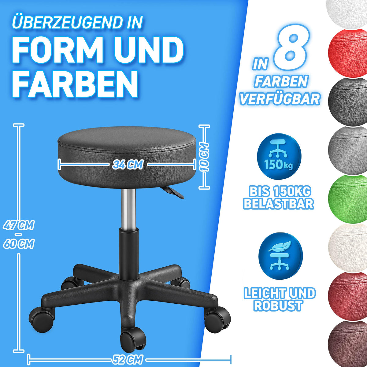 TRESKO® Rollhocker höhenverstellbar 10 cm Dicke Polsterung bis 150 kg