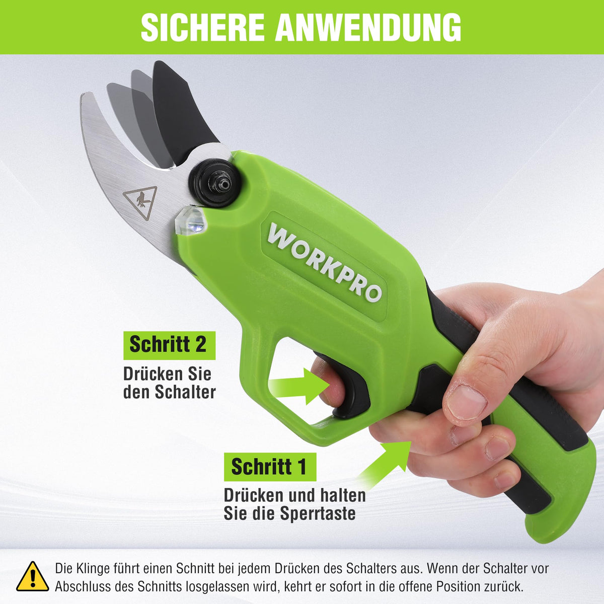 WORKPRO 7,2V Akku-Gartenschere – Professionelle elektrische Baumschere mit 19 mm Schnittdurchmesser und 2-Ah-Akku für Garten, Äste und Obstbäume