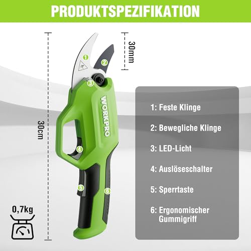 WORKPRO 7,2V Akku-Gartenschere – Professionelle elektrische Baumschere mit 19 mm Schnittdurchmesser und 2-Ah-Akku für Garten, Äste und Obstbäume