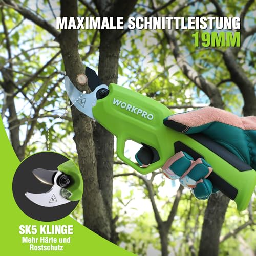 WORKPRO 7,2V Akku-Gartenschere – Professionelle elektrische Baumschere mit 19 mm Schnittdurchmesser und 2-Ah-Akku für Garten, Äste und Obstbäume
