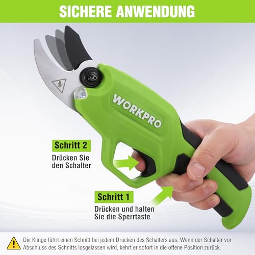 WORKPRO 7,2V Akku-Gartenschere – Professionelle elektrische Baumschere mit 19 mm Schnittdurchmesser und 2-Ah-Akku für Garten, Äste und Obstbäume