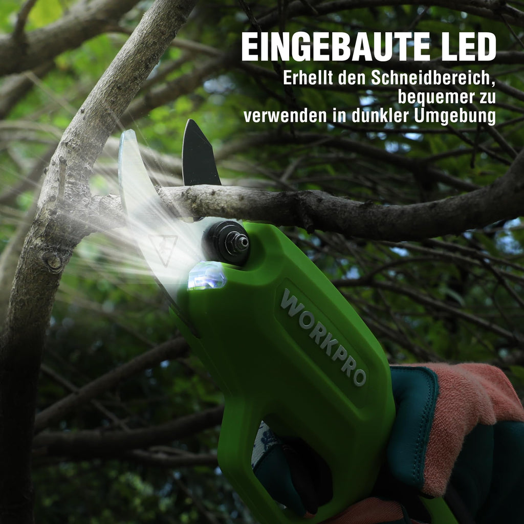 WORKPRO 7,2V Akku-Gartenschere – Professionelle elektrische Baumschere mit 19 mm Schnittdurchmesser und 2-Ah-Akku für Garten, Äste und Obstbäume
