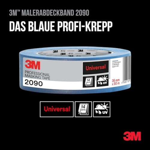 3M Pro Hand-Masker 2090 Profi Malerband für glatte Oberflächen, UV-beständig, innen und außen, 48 mm x 50 m