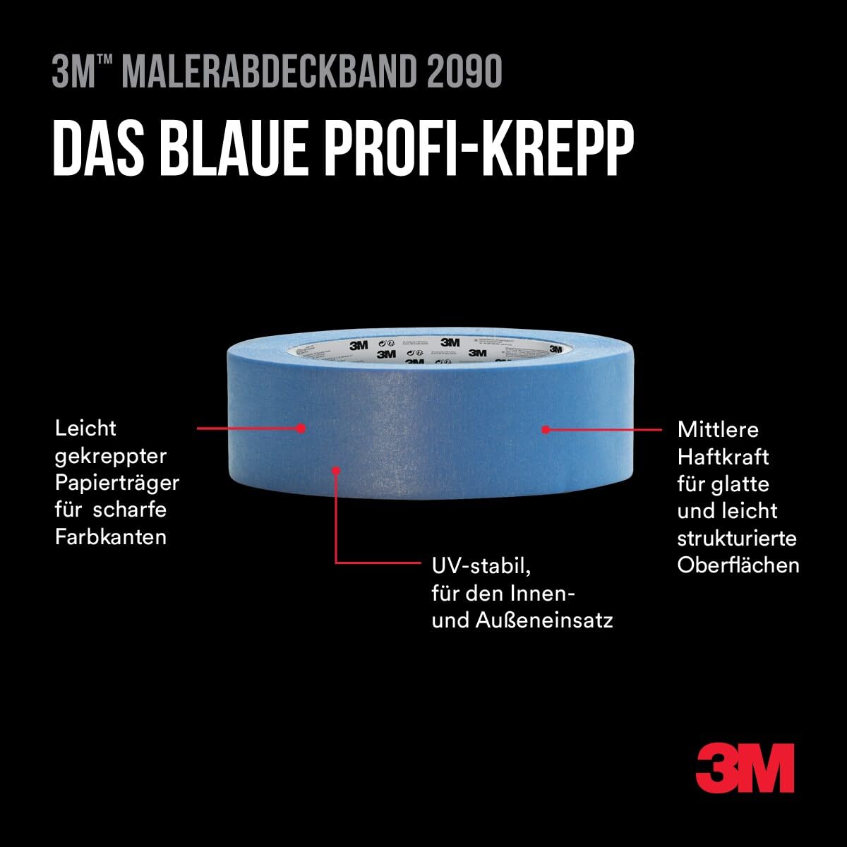 3M Pro Hand-Masker 2090 Profi Malerband für glatte Oberflächen, UV-beständig, innen und außen, 48 mm x 50 m