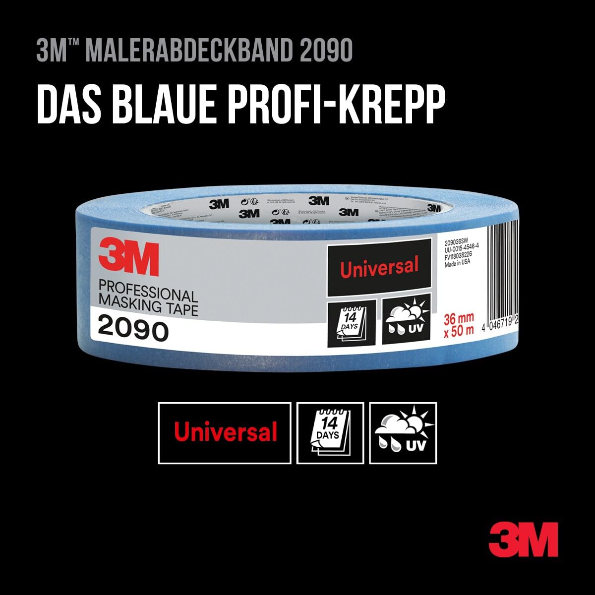 3M Pro Hand-Masker 2090 Profi Malerband für glatte Oberflächen, UV-beständig, innen und außen, 48 mm x 50 m